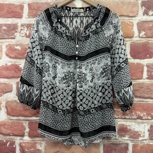 Figueroa & Flower Top Women's M Black White Boho Peasant Floral Sheer Shirt